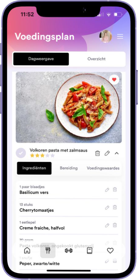 Het voedingsplan in de app, met recepten en een boodschappenlijst