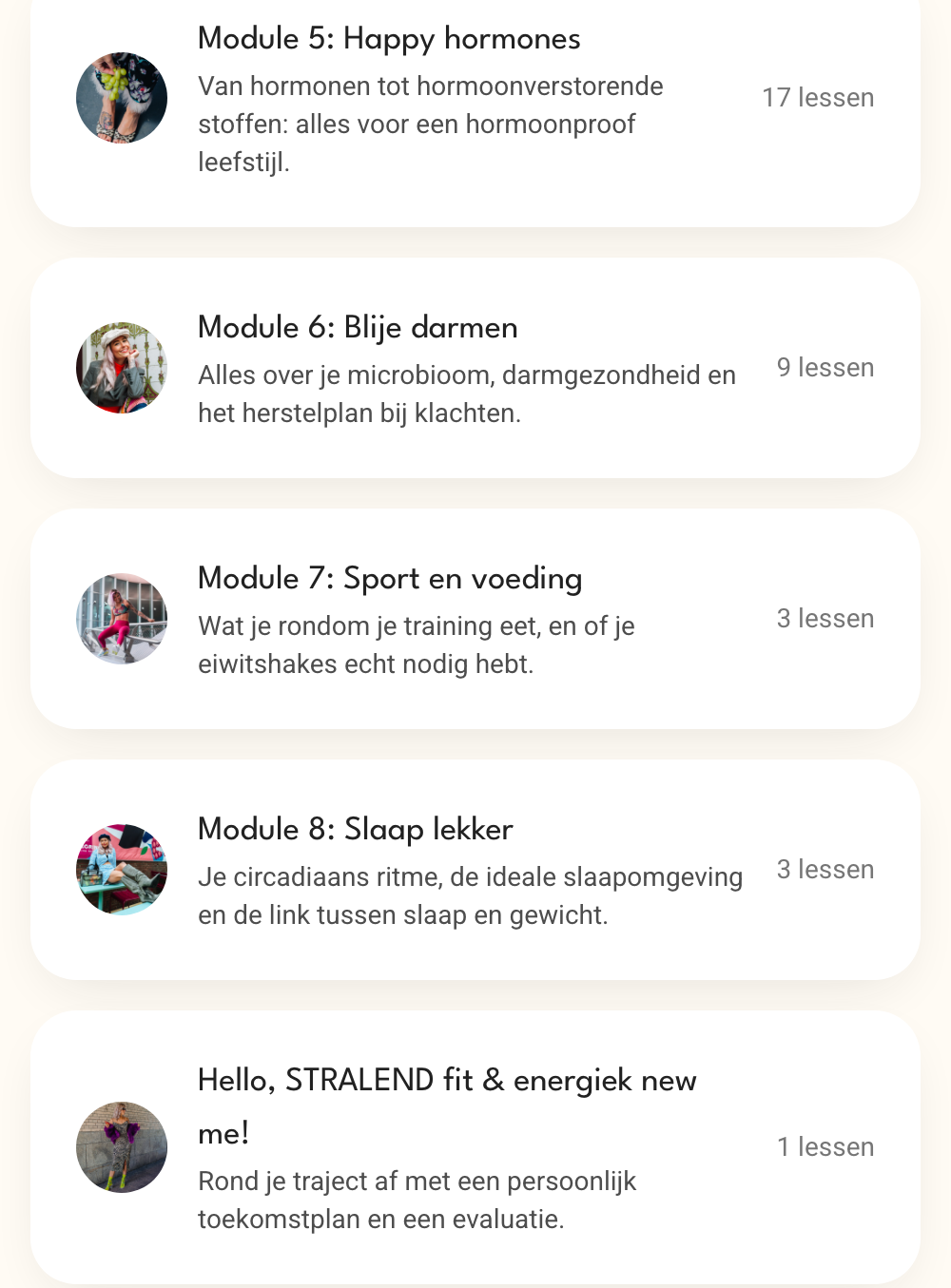 De modules van de e-learning: happy hormones, blije darmen, sport en voeding, slaap